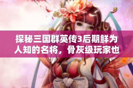 探秘三国群英传3后期鲜为人知的名将，骨灰级玩家也惊讶！